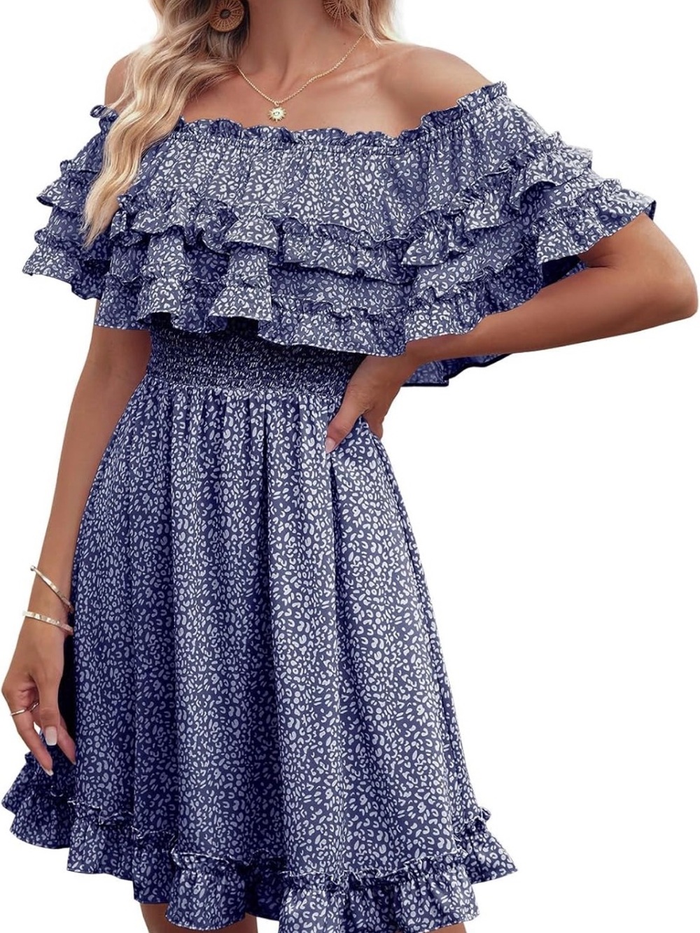 NWOT Off-Shoulder Ruffle Floral Print Dress in Navy